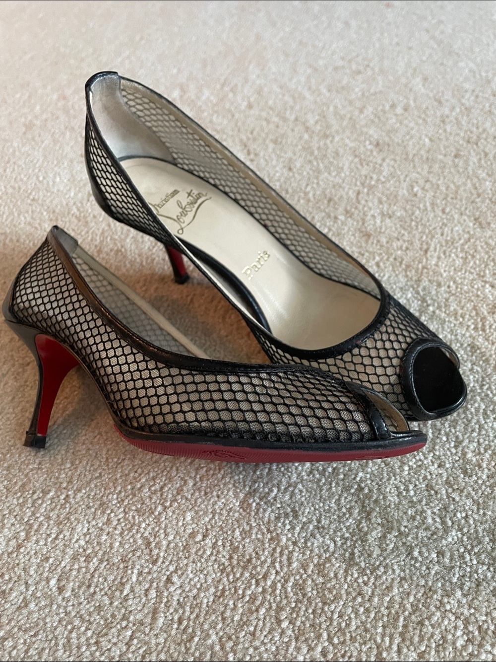 Black Mesh Peep-Toe Pumps with Red Soles